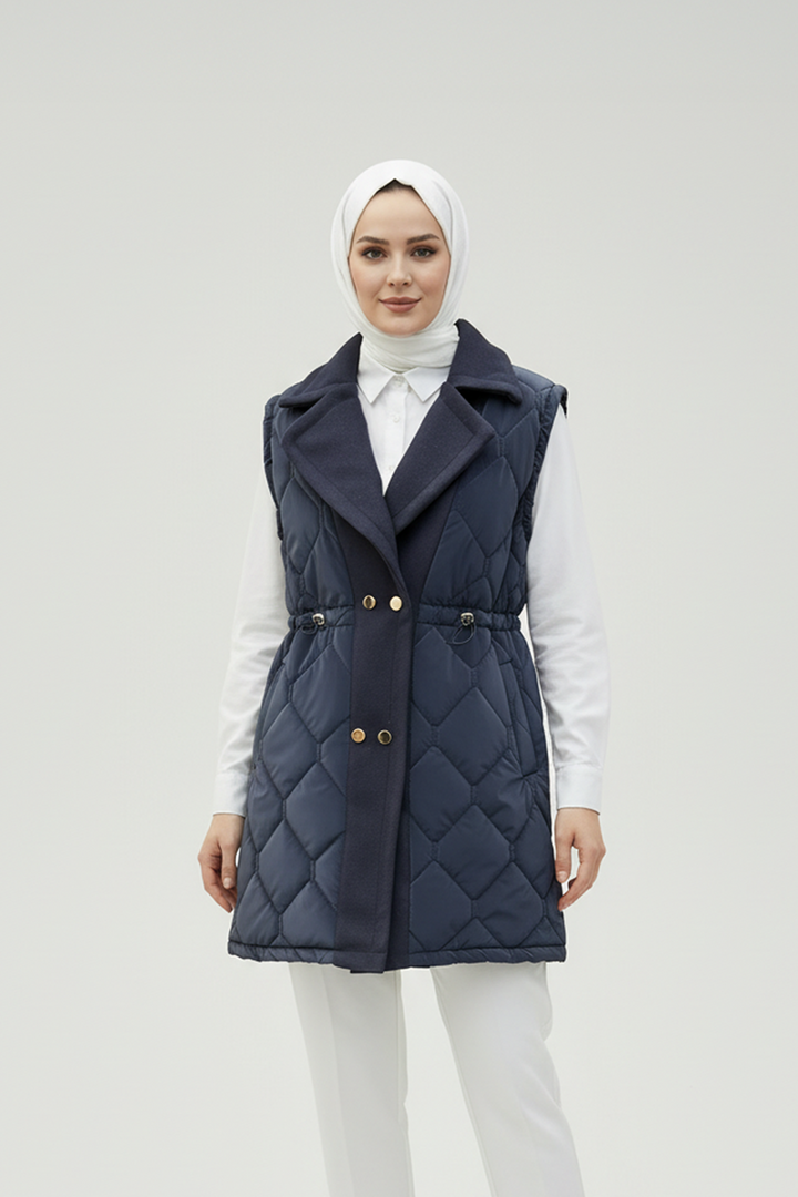 Baklava Desen Premium Kaşe Detaylı Yelek Lacivert