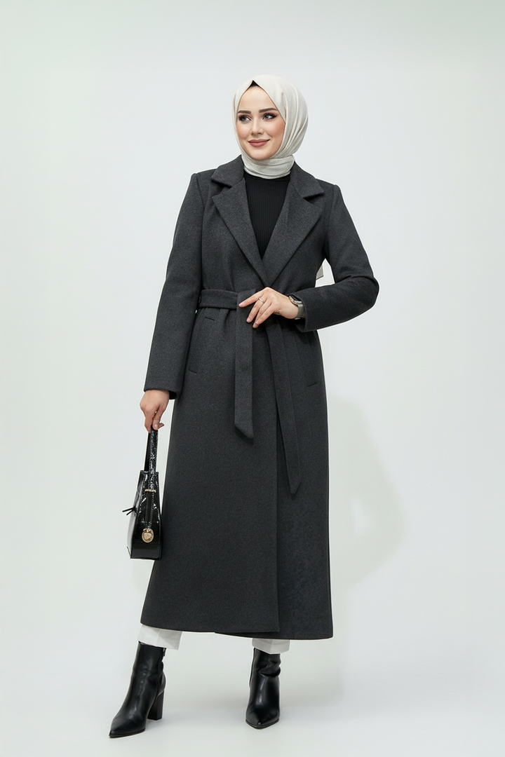 Belden Bağlamalı Kaşe Kumaş Kaban Antrasit