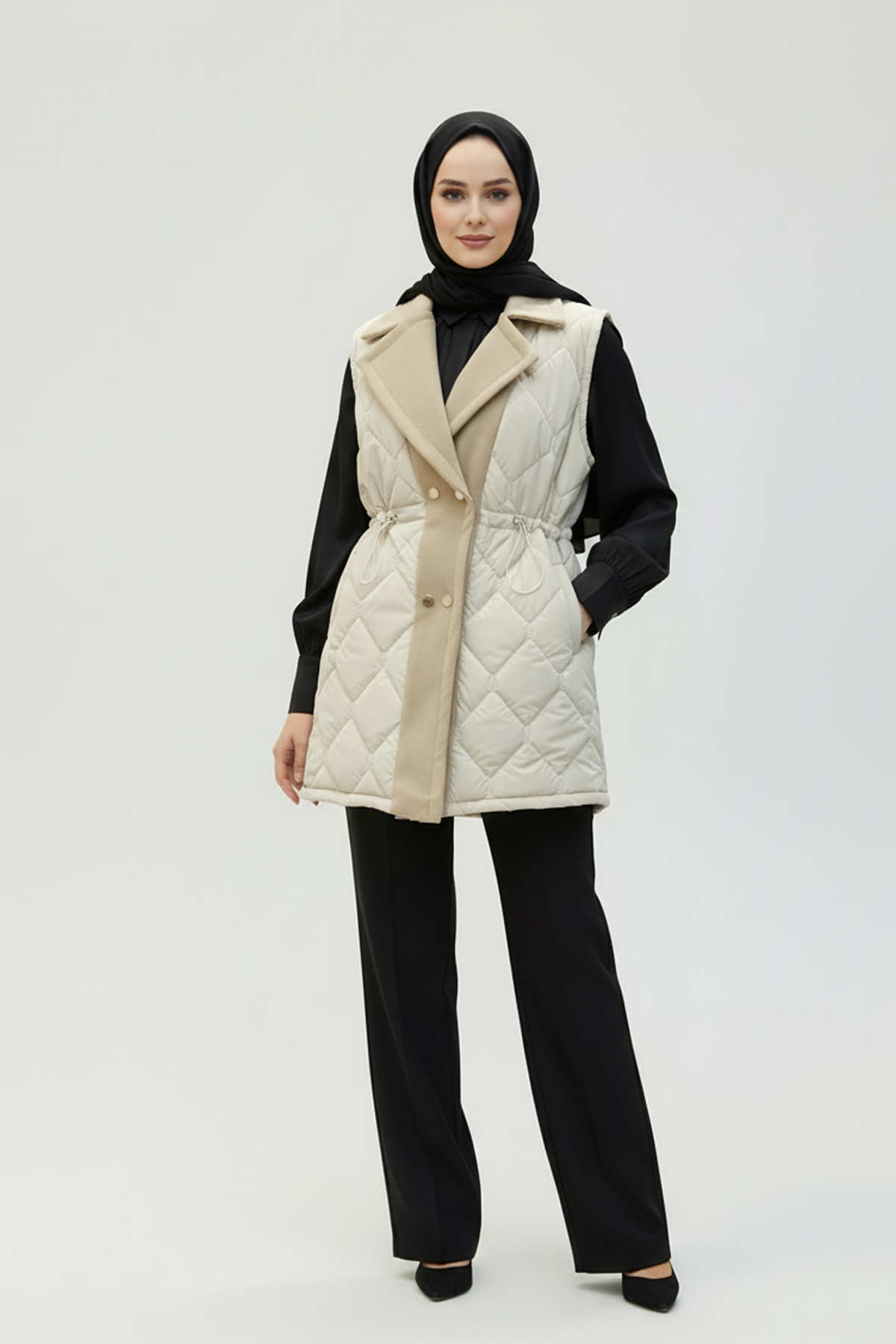 Baklava Desen Premium Kaşe Detaylı Yelek Bej