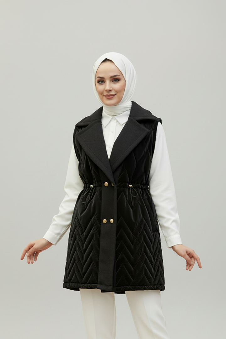 Premium Kaşe Detaylı Yelek Siyah