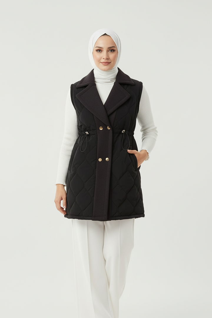 Baklava Desen Premium Kaşe Detaylı Yelek Siyah