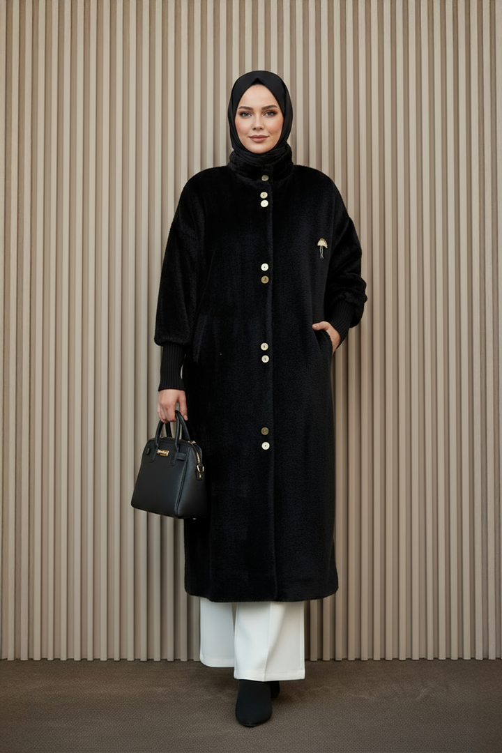 Özel Tasarım Gold Düğmeli Kaban Siyah