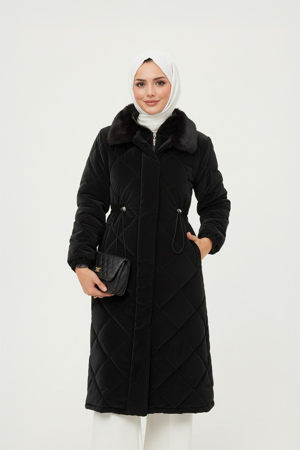 Yakası Kürklü Kapitone Kumaş Mont Siyah