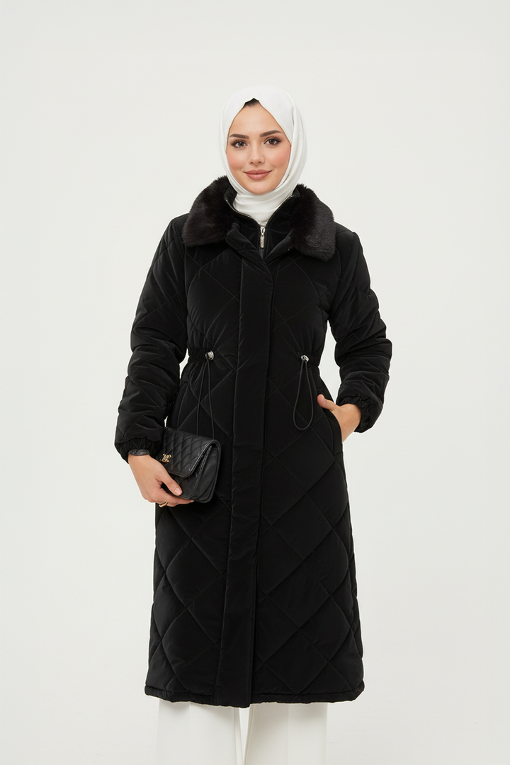 Yakası Kürklü Kapitone Kumaş Mont Siyah