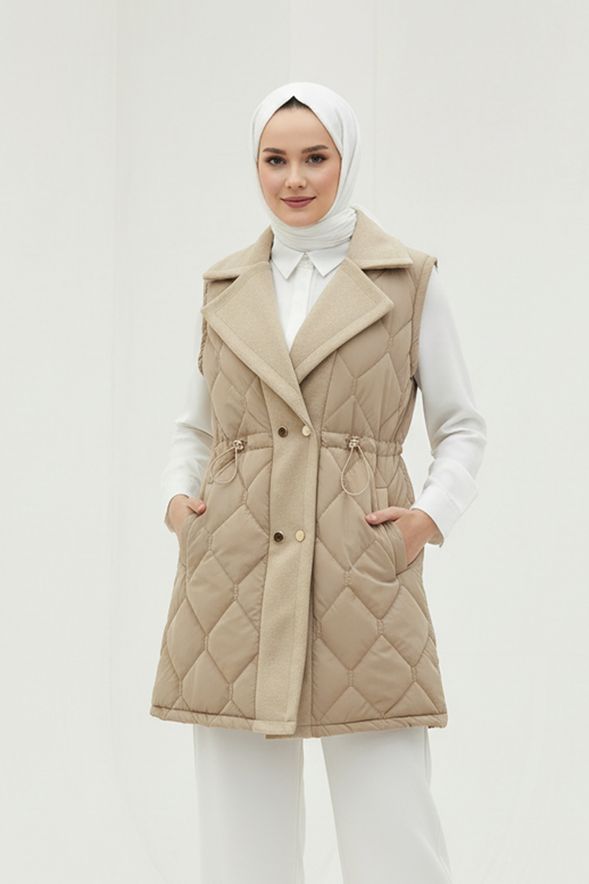 Baklava Desen Premium Kaşe Detaylı Yelek Vizon