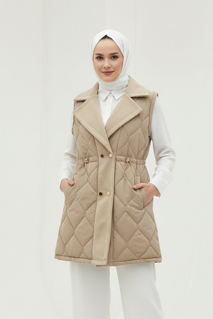 Baklava Desen Premium Kaşe Detaylı Yelek Vizon