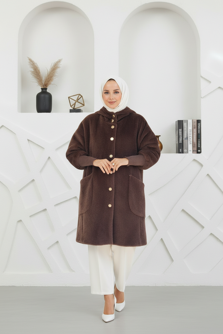 Kapşonlu Angora Kumaş Kaban Kahve