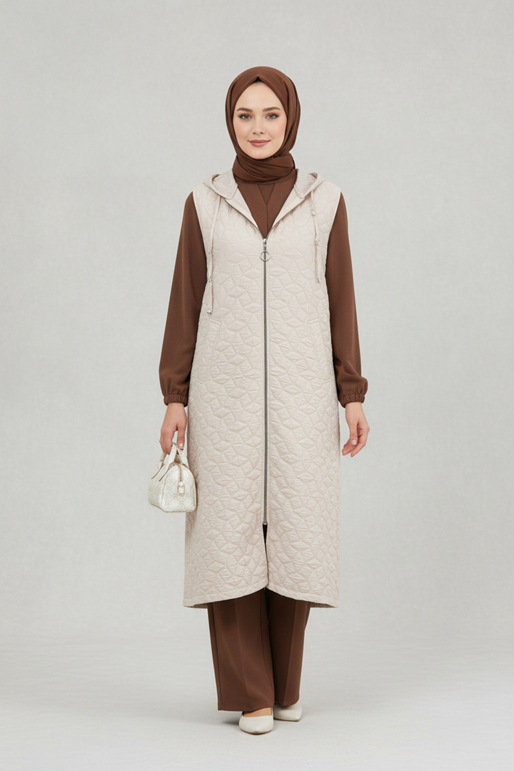 Kapüşonlu Kapitone Kumaş Yelek Taş