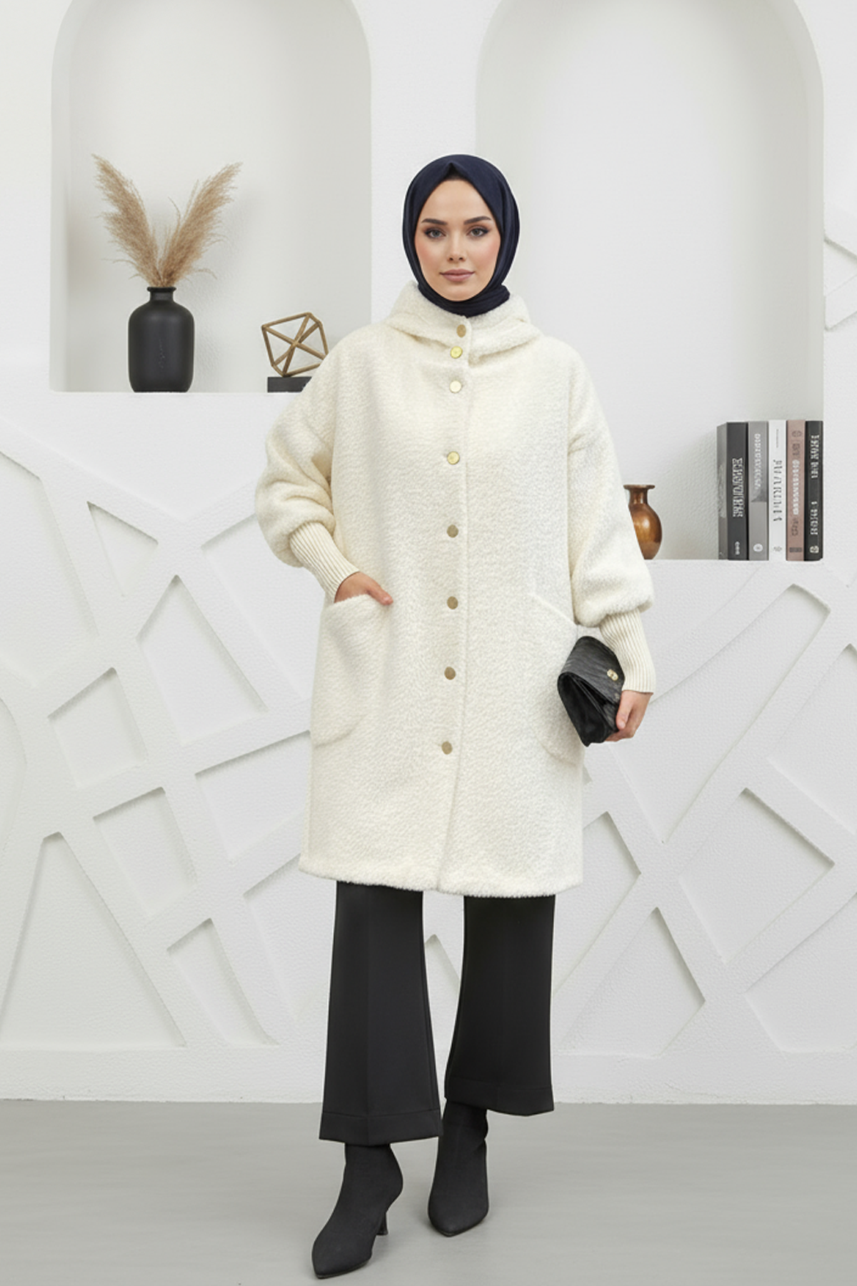 Kapşonlu Angora Kumaş Kaban Ekru