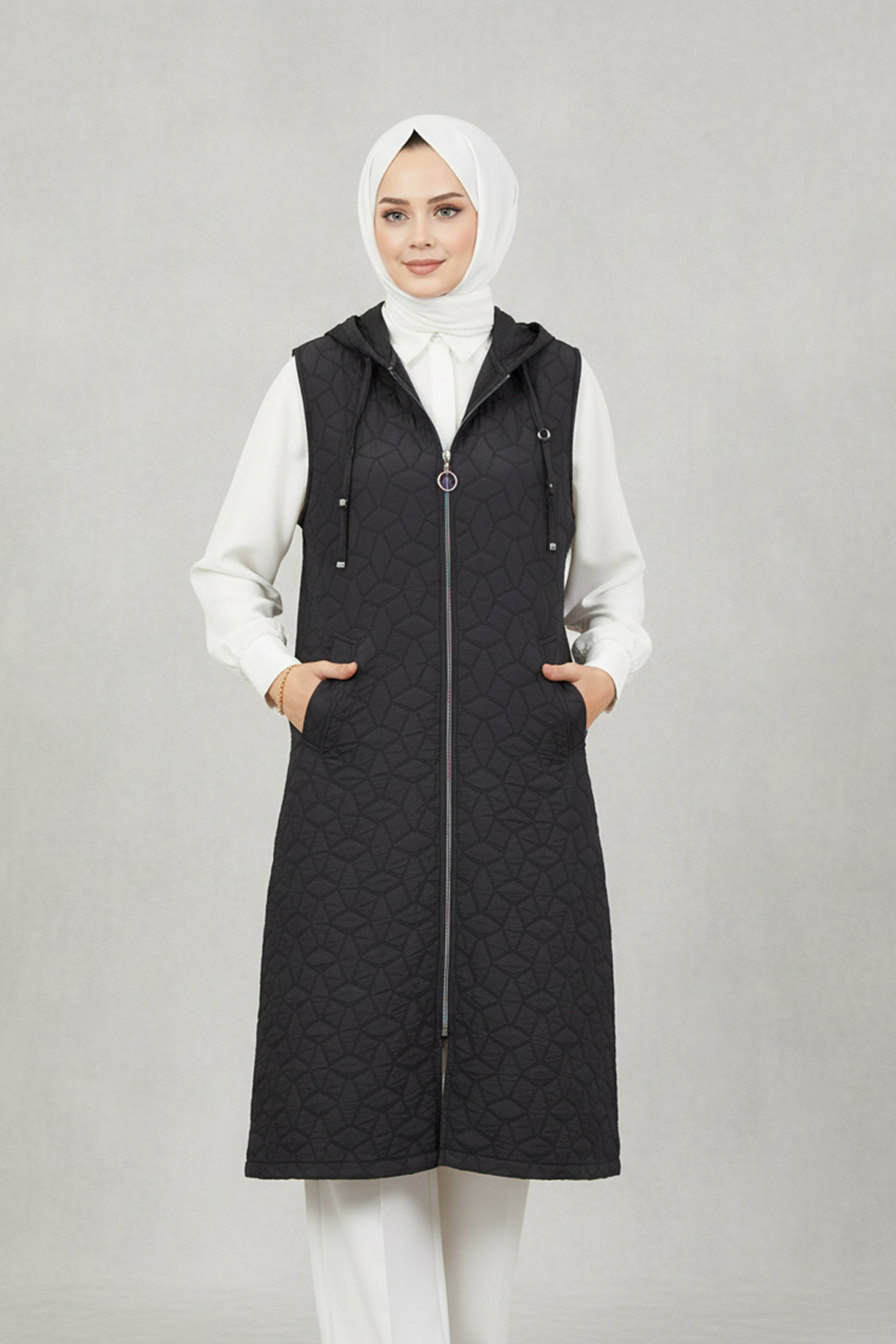 Kapüşonlu Kapitone Kumaş Yelek Siyah