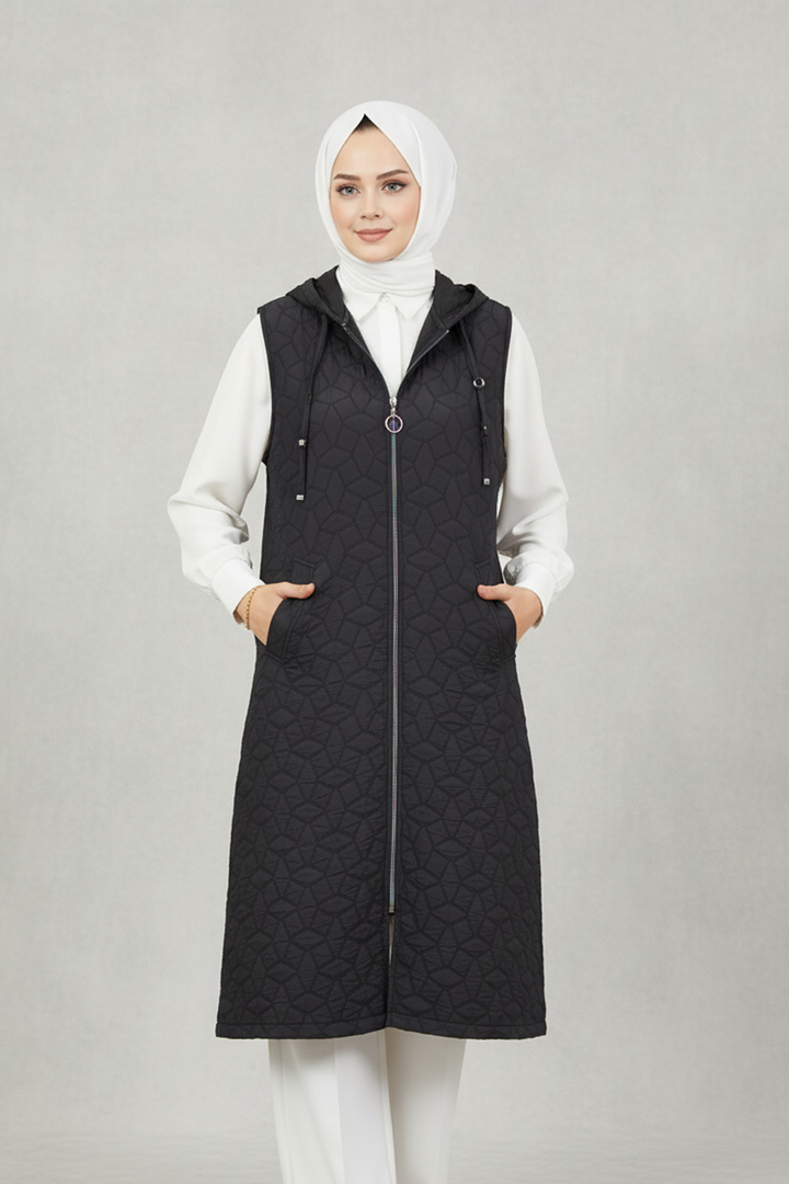 Kapüşonlu Kapitone Kumaş Yelek Siyah