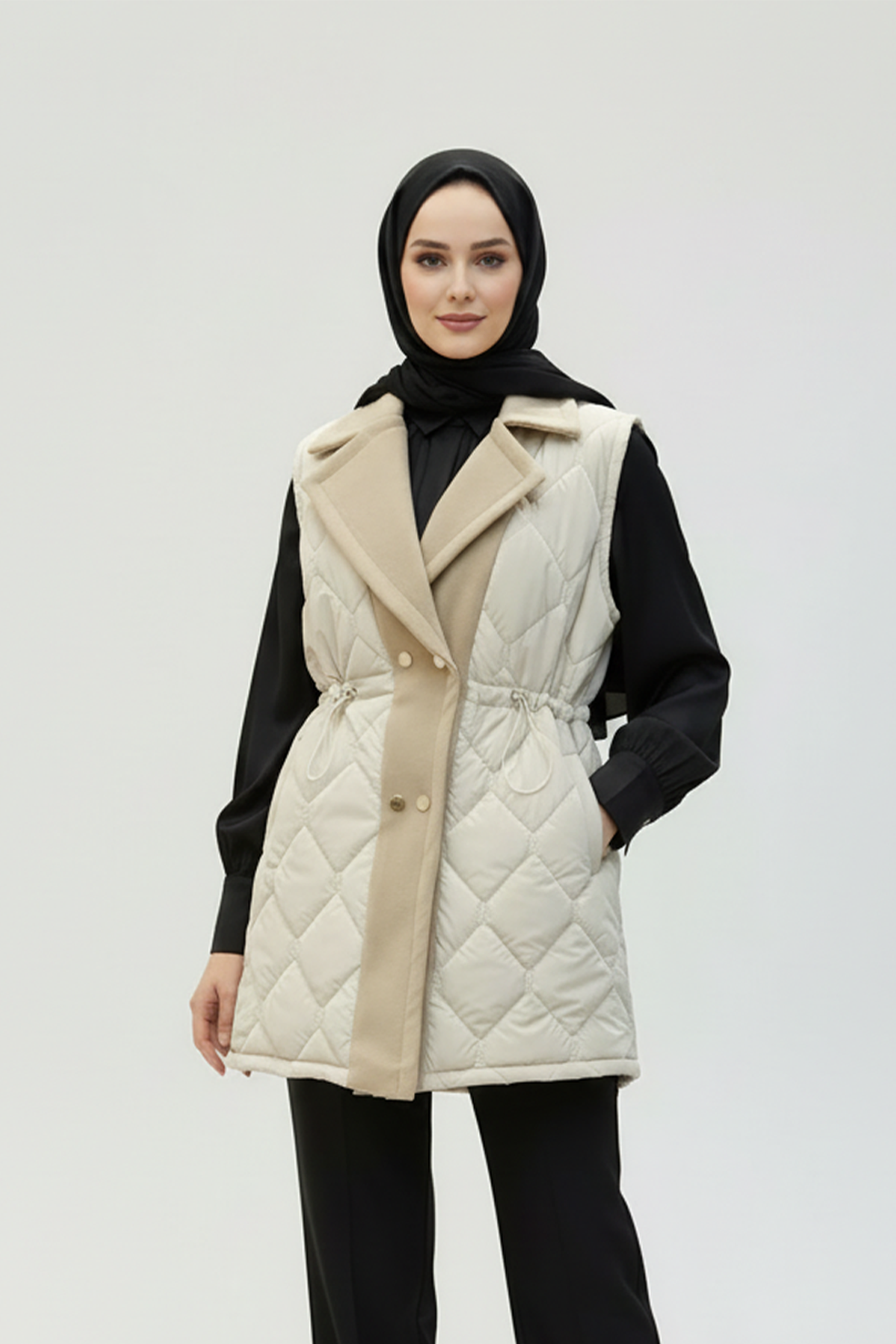 Baklava Desen Premium Kaşe Detaylı Yelek Bej