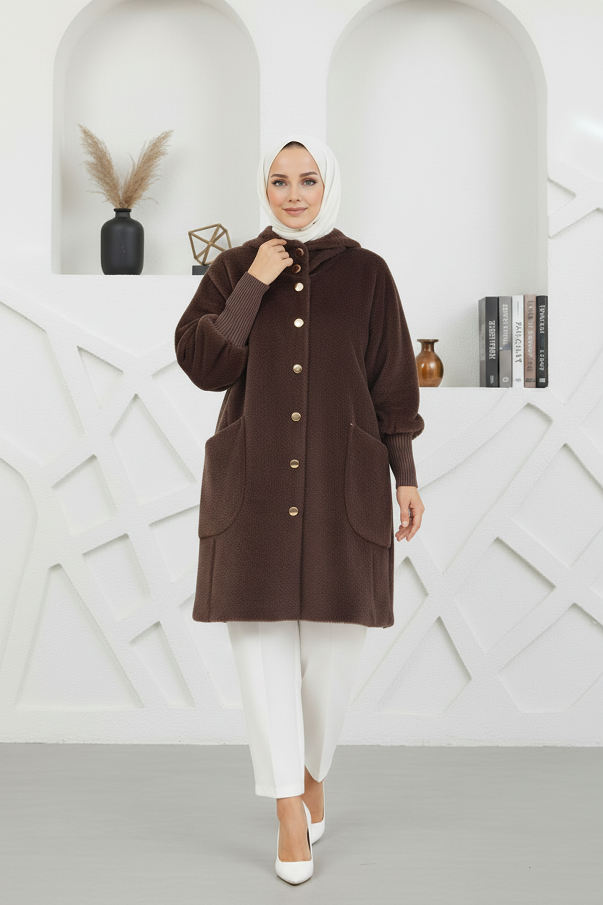 Kapşonlu Angora Kumaş Kaban Kahve