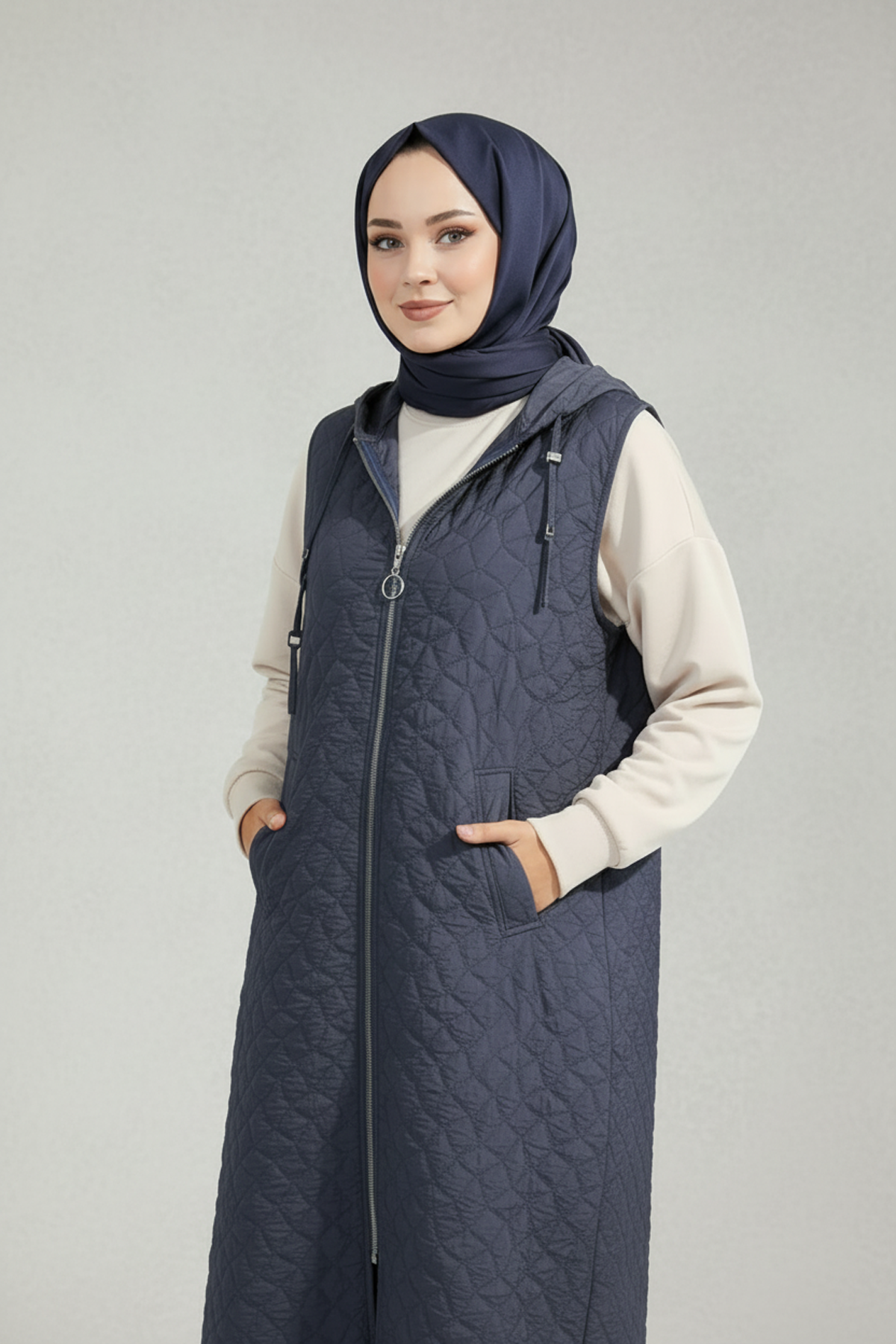 Kapüşonlu Kapitone Kumaş Yelek Lacivert