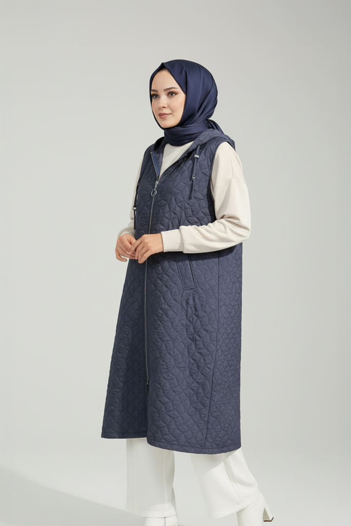 Kapüşonlu Kapitone Kumaş Yelek Lacivert