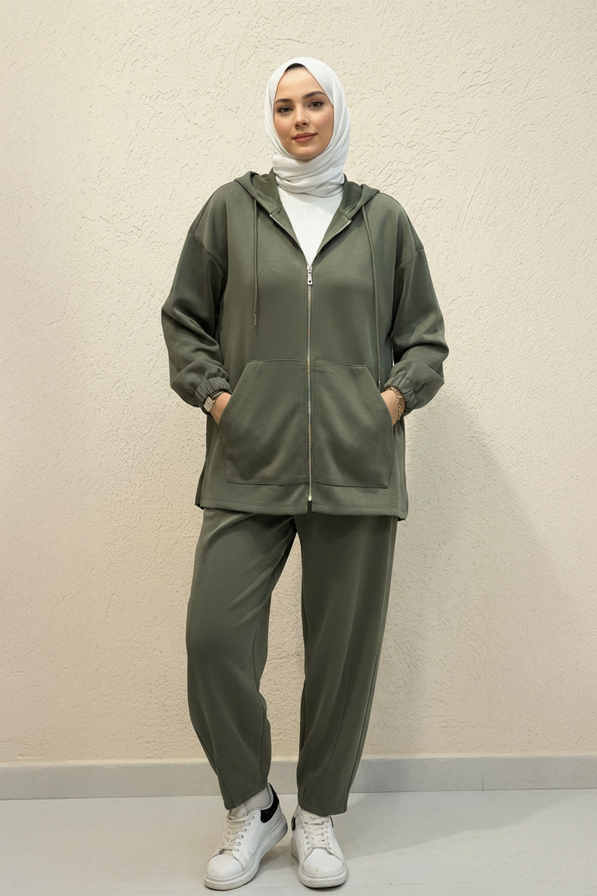 Fermuarlı Oysho Kumaş Spor Takım Haki