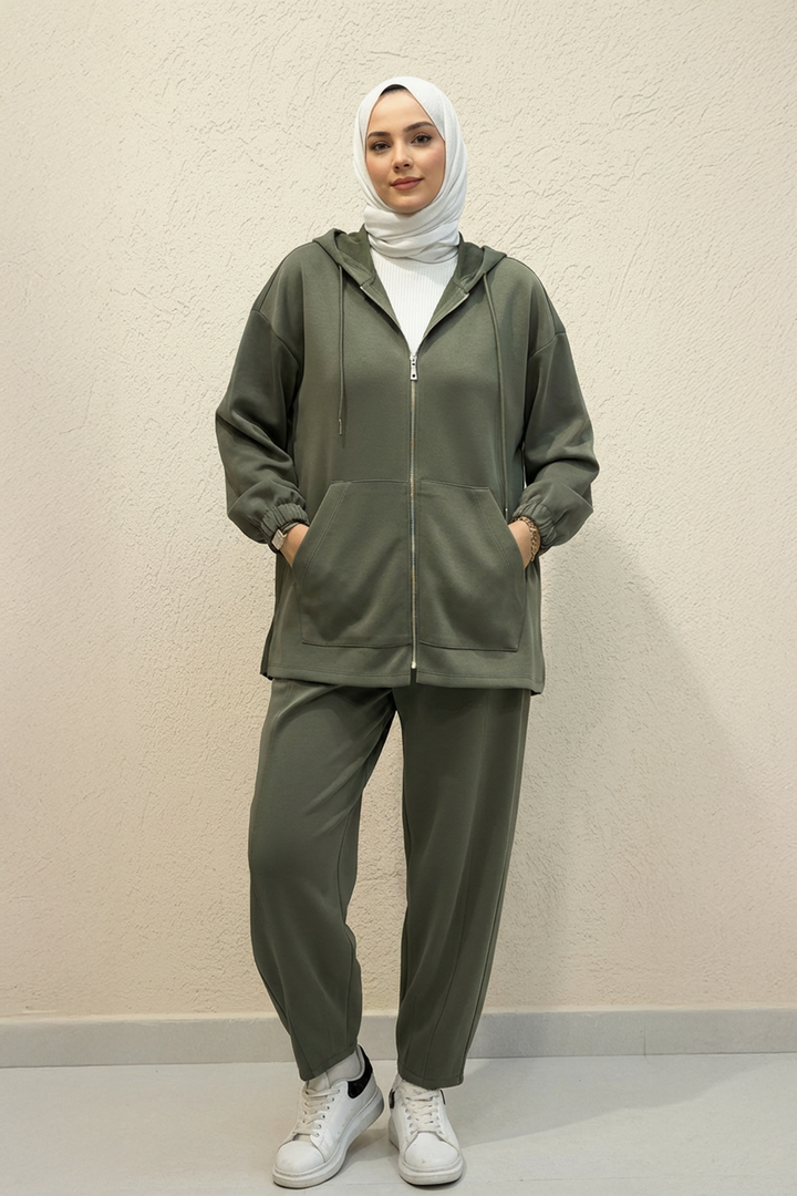 Fermuarlı Oysho Kumaş Spor Takım Haki