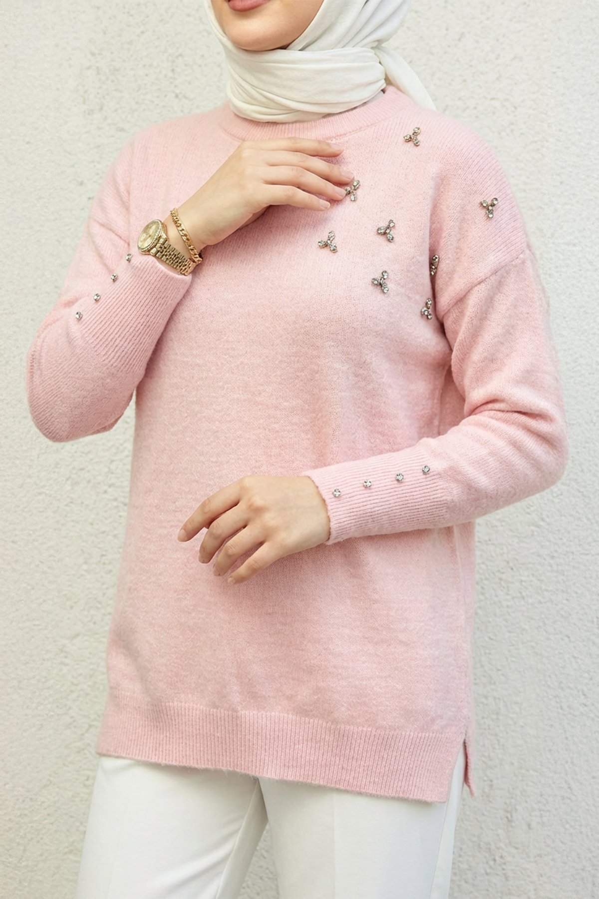 Taş İşlemeli Kazak Pembe