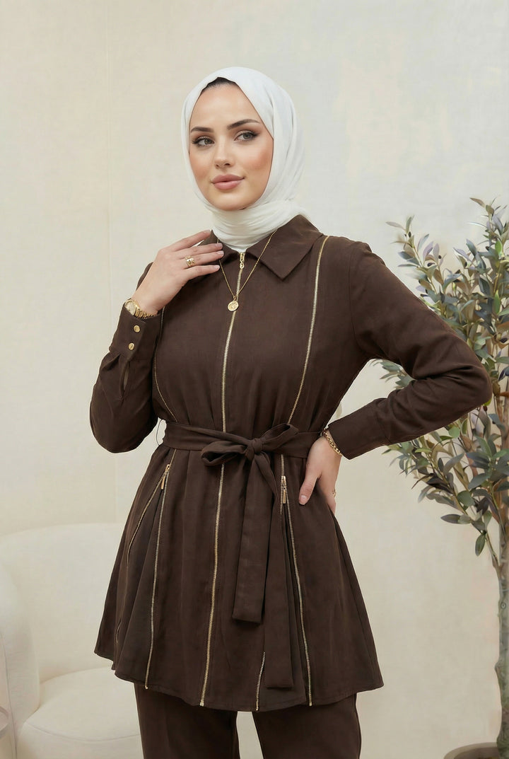 Fermuar Detaylı Qupra Takım Kahverengi