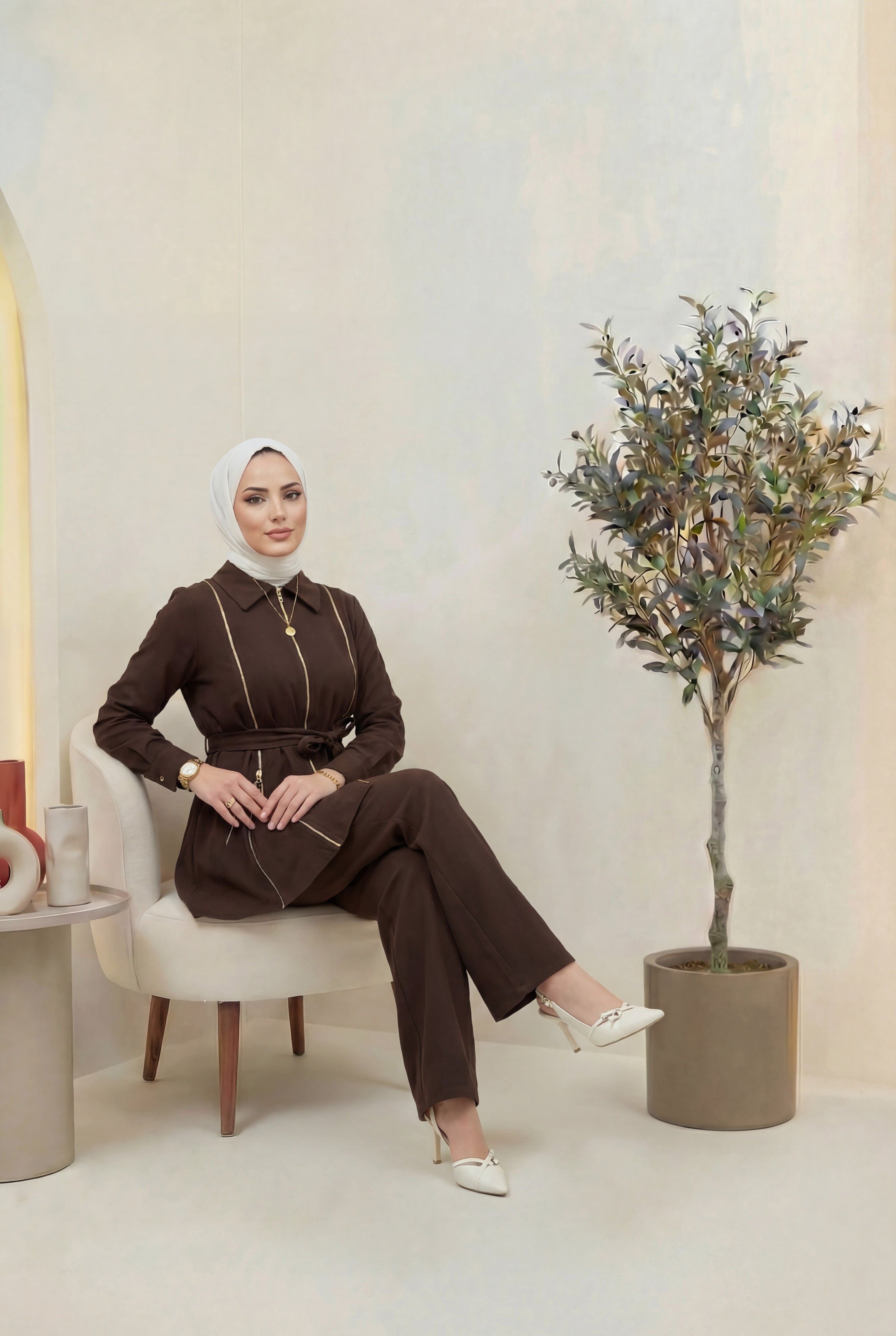 Fermuar Detaylı Qupra Takım Kahverengi