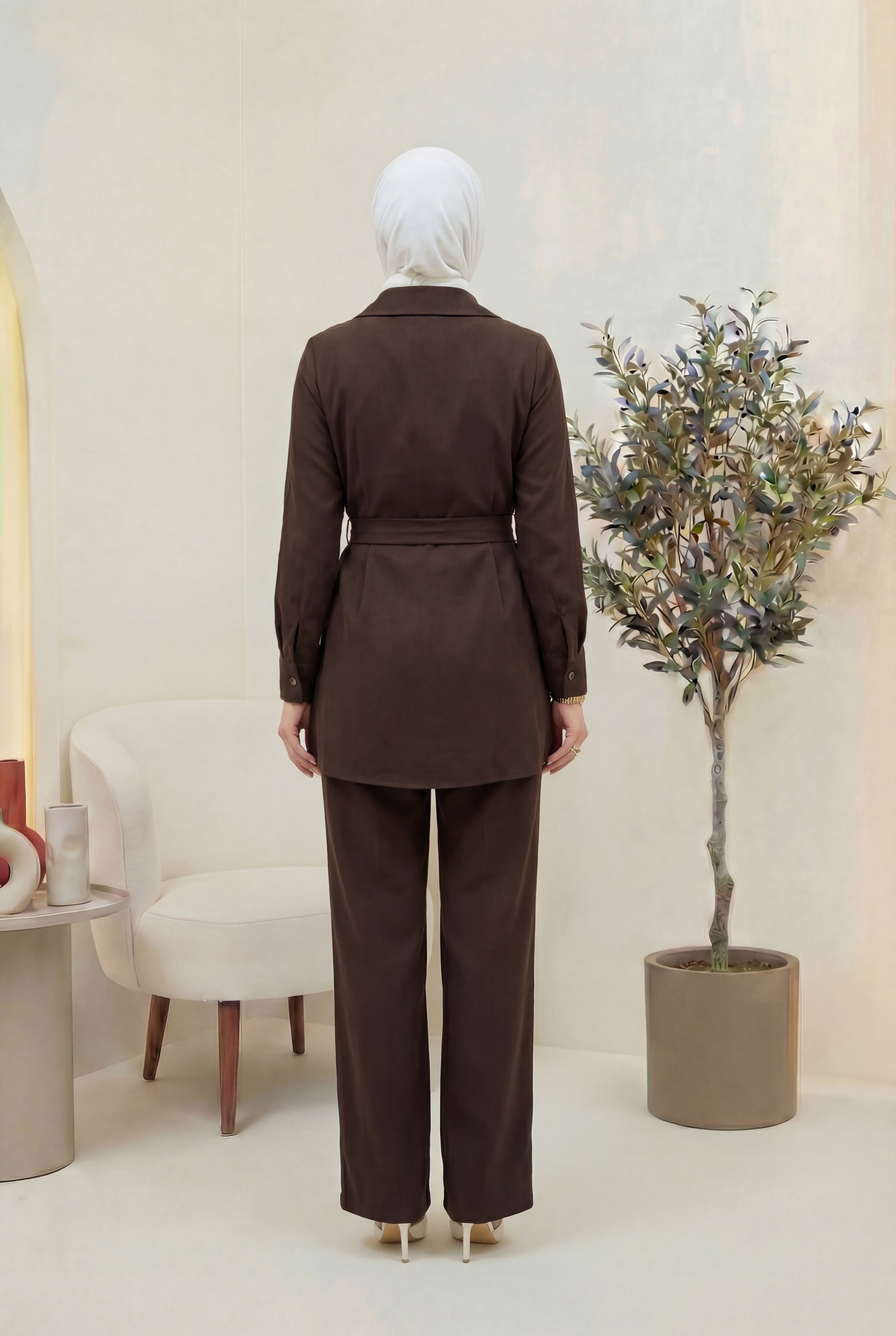 Fermuar Detaylı Qupra Takım Kahverengi