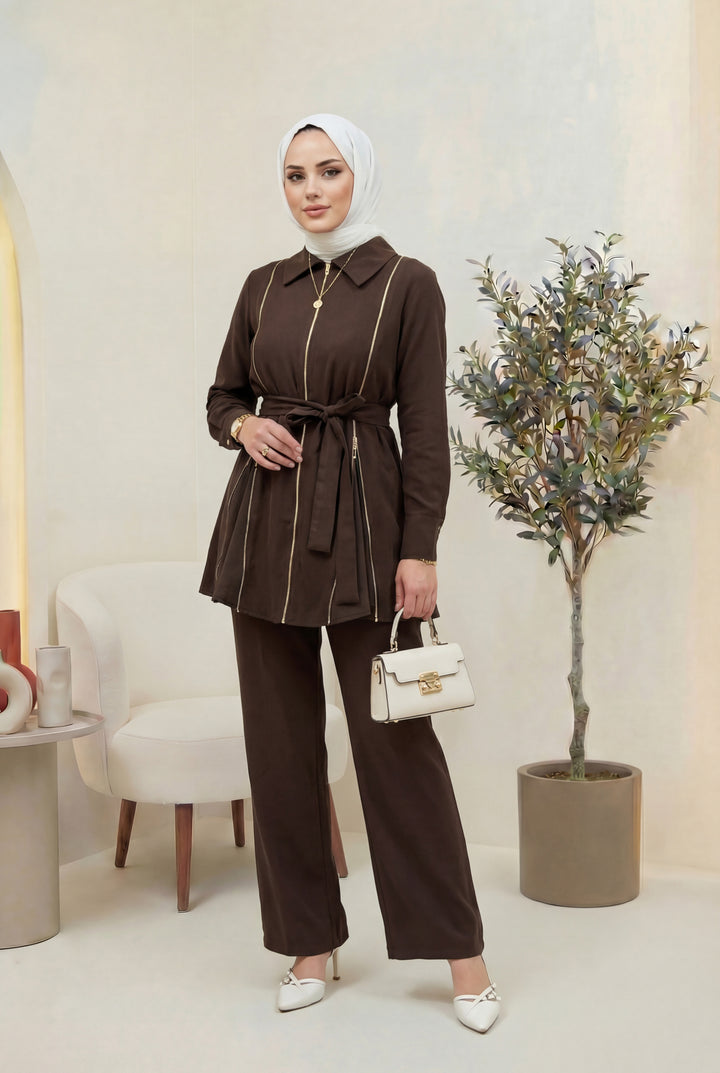 Fermuar Detaylı Qupra Takım Kahverengi