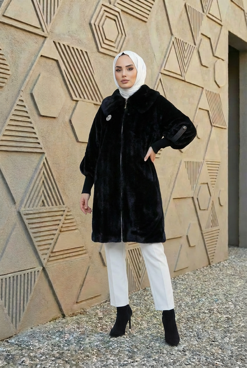 Lüks Kürk Yaka Angora Kaban Siyah