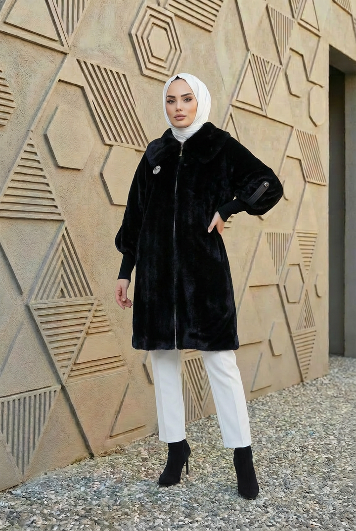 Lüks Kürk Yaka Angora Kaban Siyah
