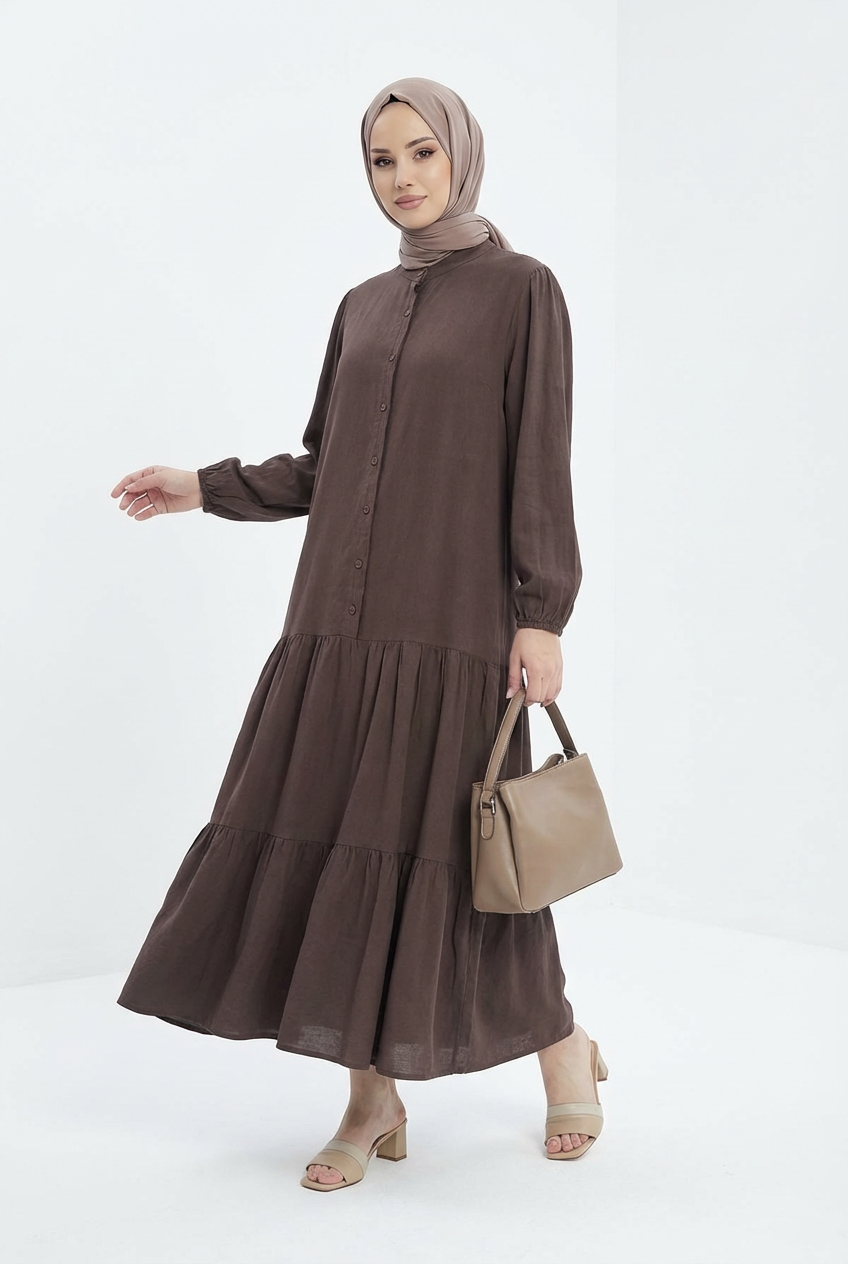 Tensel Yıkamalı Kumaş Kahverengi Tesettür Elbise