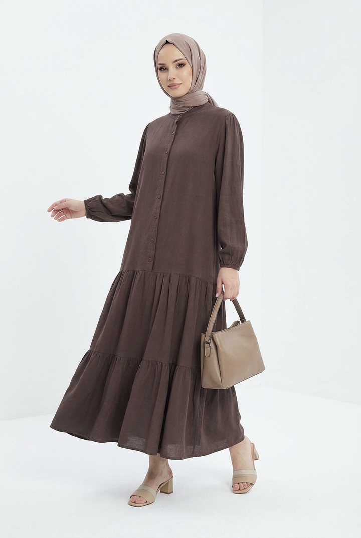 Tensel Yıkamalı Kumaş Kahverengi Tesettür Elbise