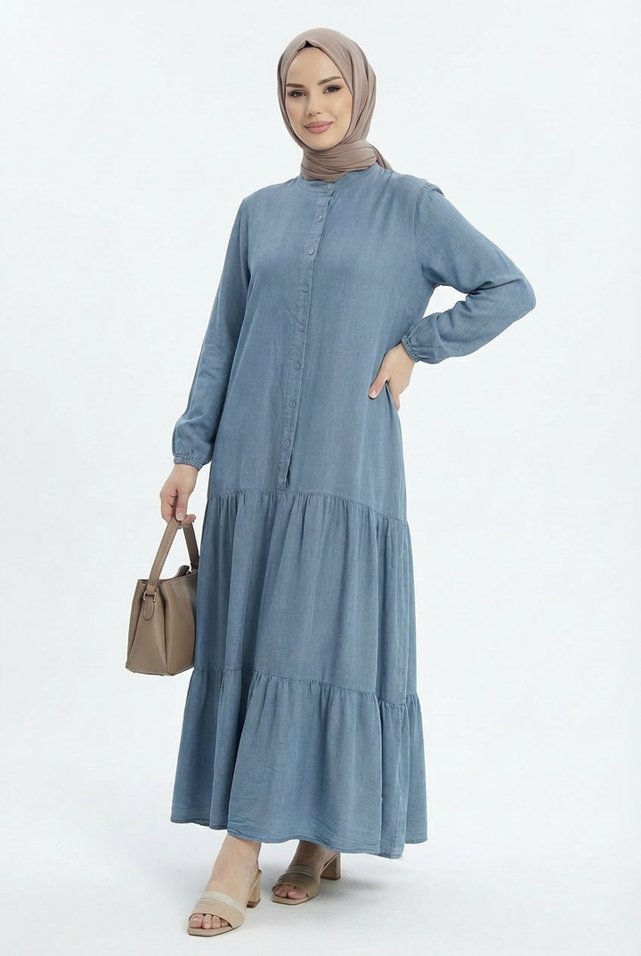 Tensel Yıkamalı Kumaş Mavi Tesettür Elbise