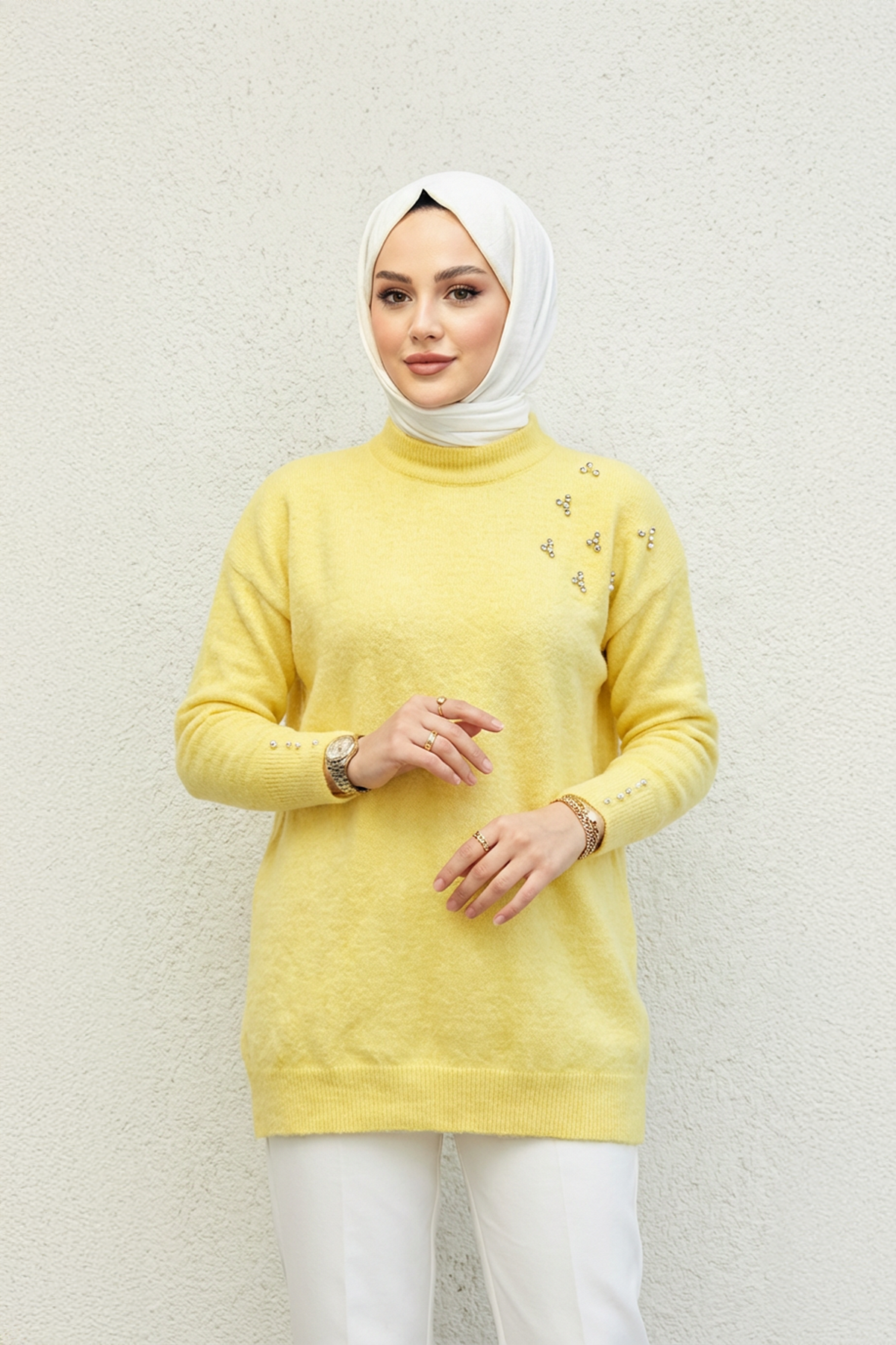 Taş İşlemeli Kazak Sarı