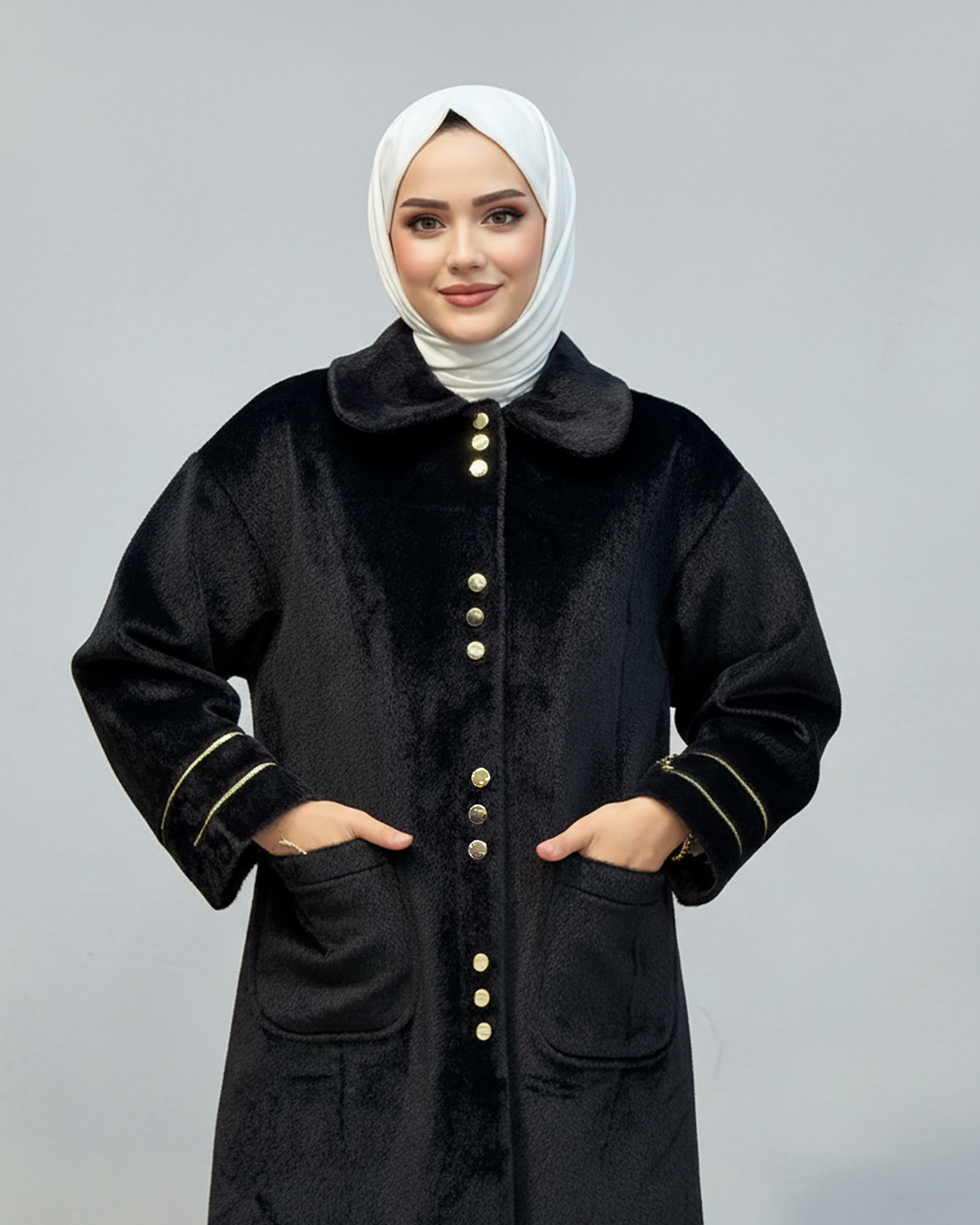 Gold Düğme Detaylı Angora Kaban Siyah