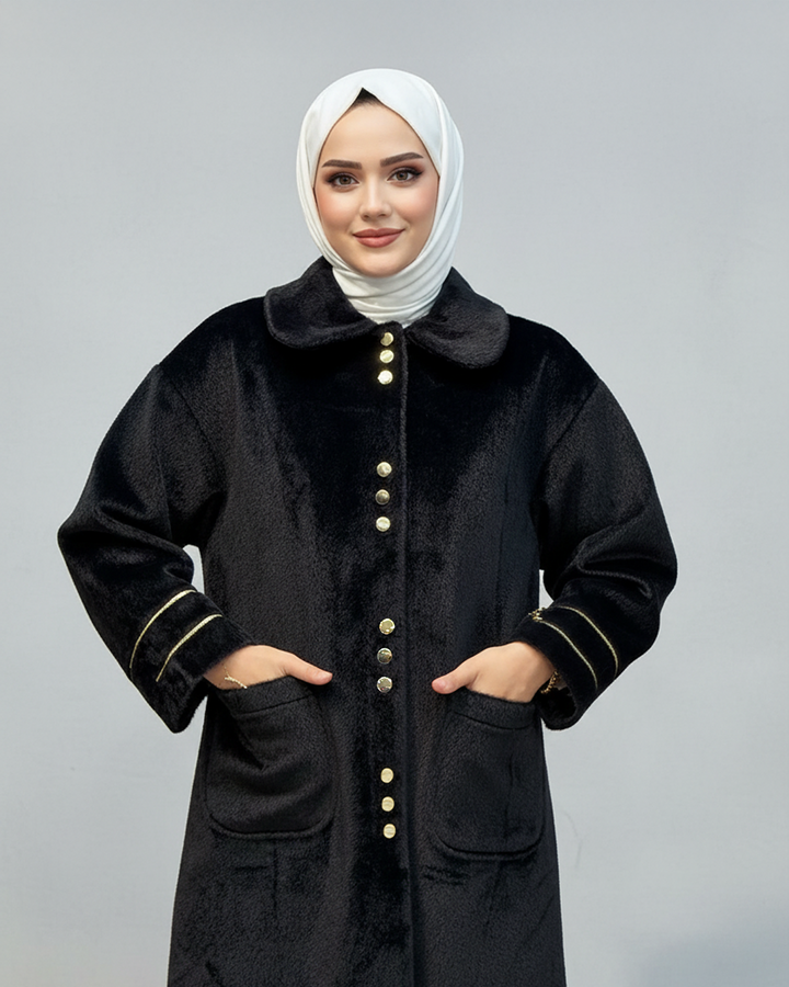Gold Düğme Detaylı Angora Kaban Siyah