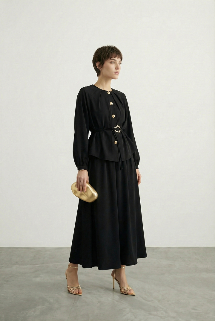 Etekli Tensel Kumaş Takım Siyah