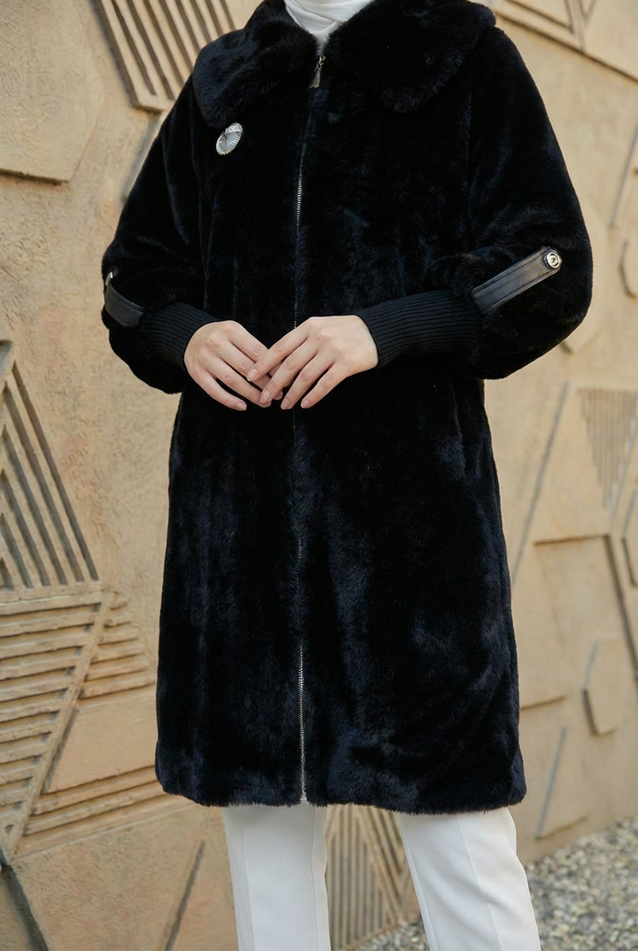 Lüks Kürk Yaka Angora Kaban Siyah