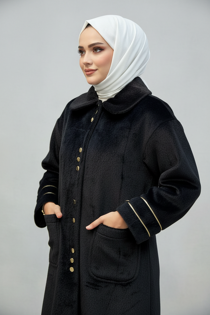 Gold Düğme Detaylı Angora Kaban Siyah