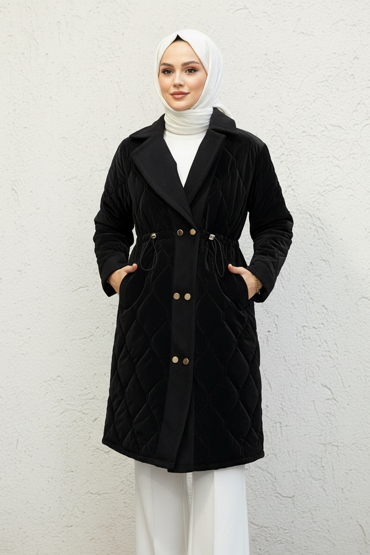 Kaşe Detaylı Kapitone Kaban Siyah