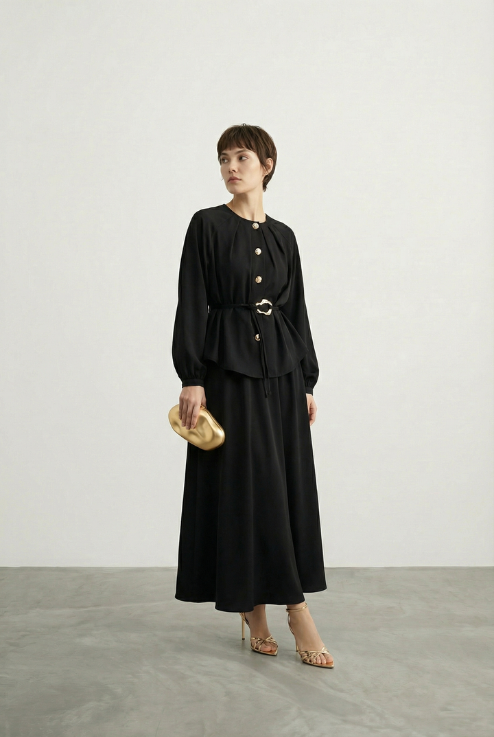 Etekli Tensel Kumaş Takım Siyah