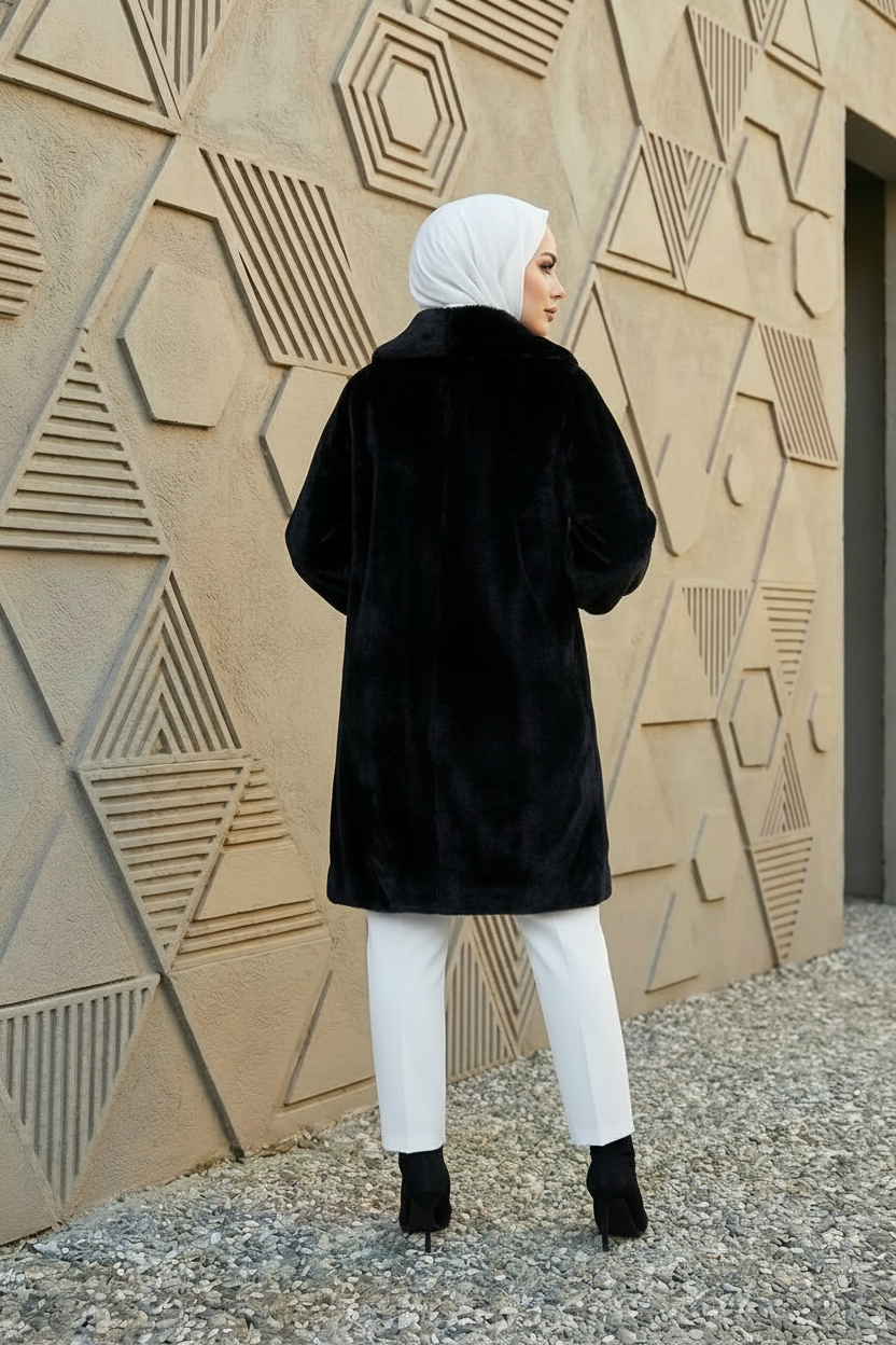 Lüks Kürk Yaka Angora Kaban Siyah