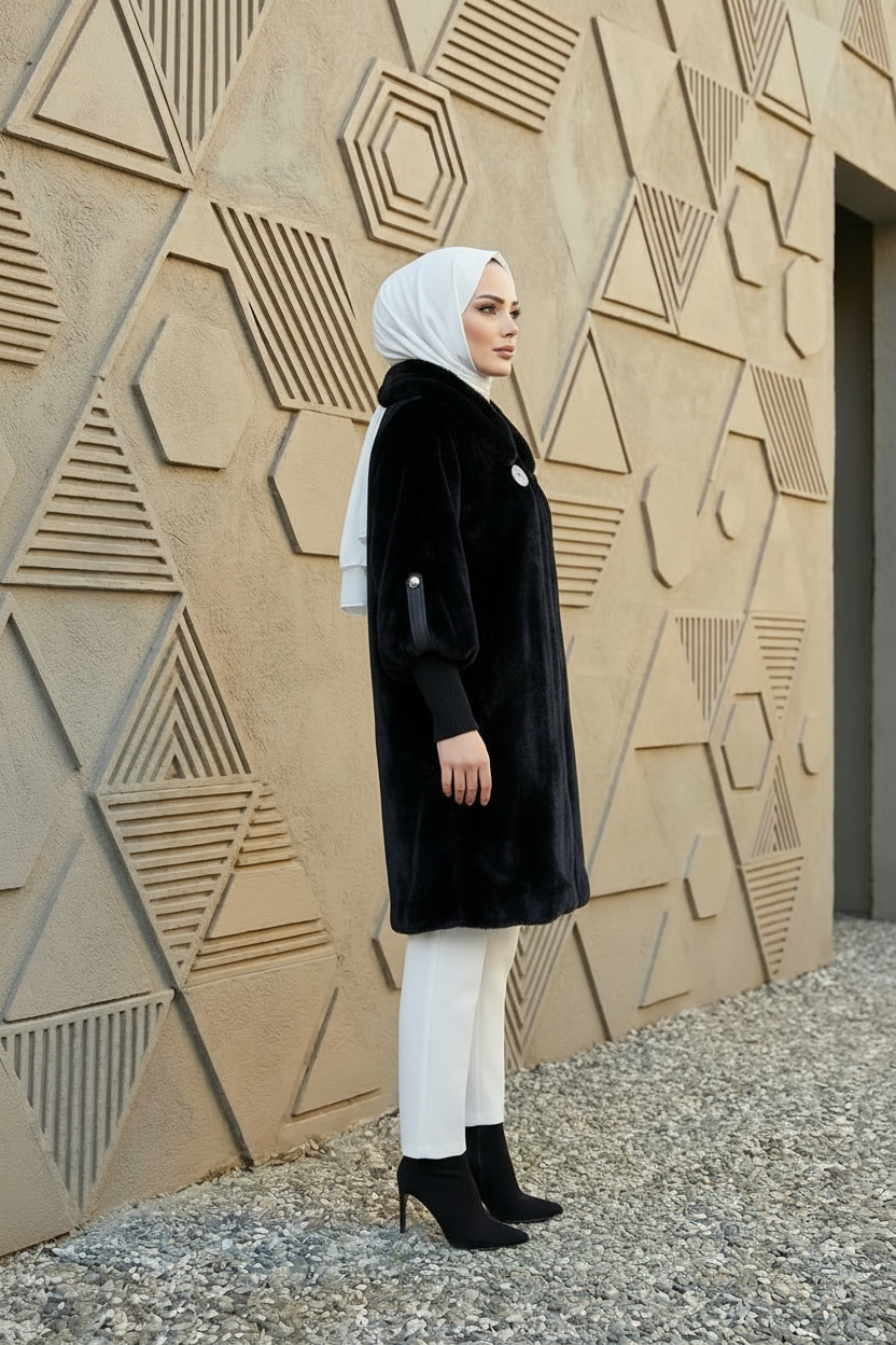 Lüks Kürk Yaka Angora Kaban Siyah