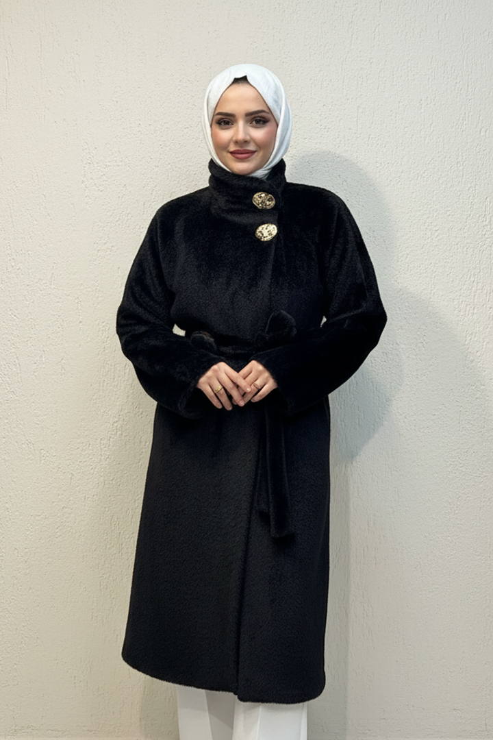 Gold Düğme Detaylı Kuşaklı Angora Kaban Siyah