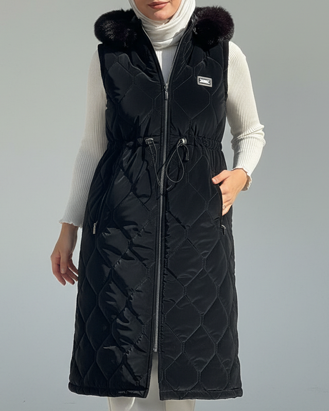 Kürk Detaylı Ara Boy Kapitone Yelek Siyah