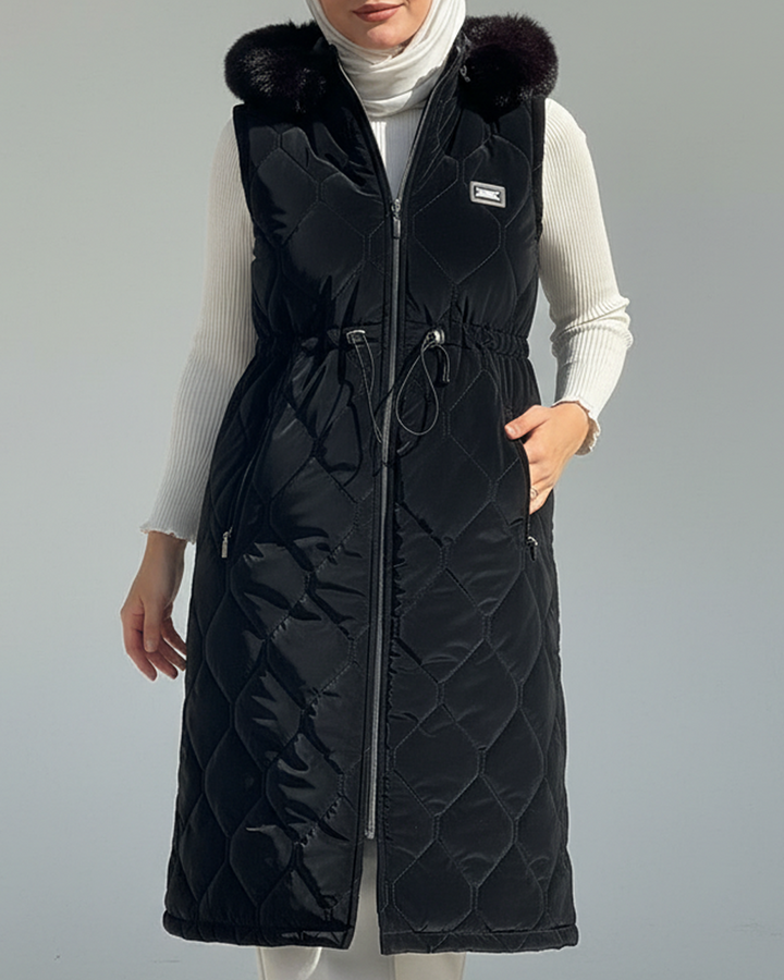 Kürk Detaylı Ara Boy Kapitone Yelek Siyah