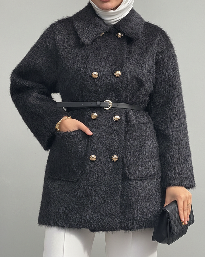 Tay Tüyü Gold Düğmeli Mont Siyah