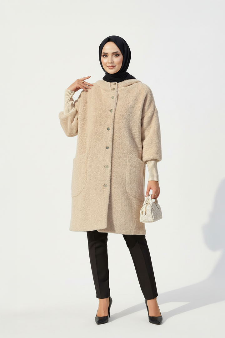 Kapşonlu Angora Kumaş Kaban Vizon