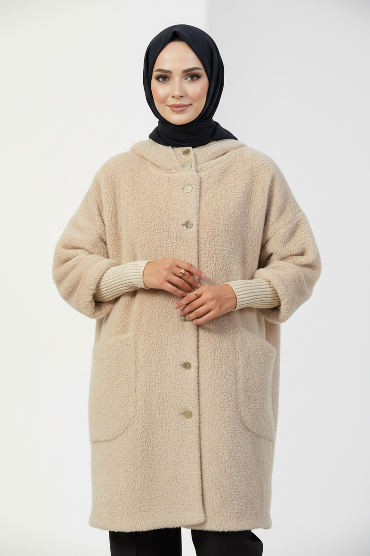 Kapşonlu Angora Kumaş Kaban Vizon