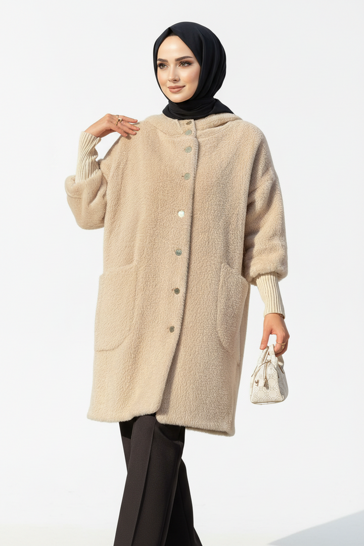 Kapşonlu Angora Kumaş Kaban Vizon