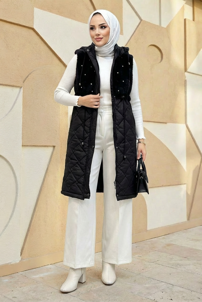 Taş İşlemeli Kürk Detaylı Kapitone Yelek Siyah