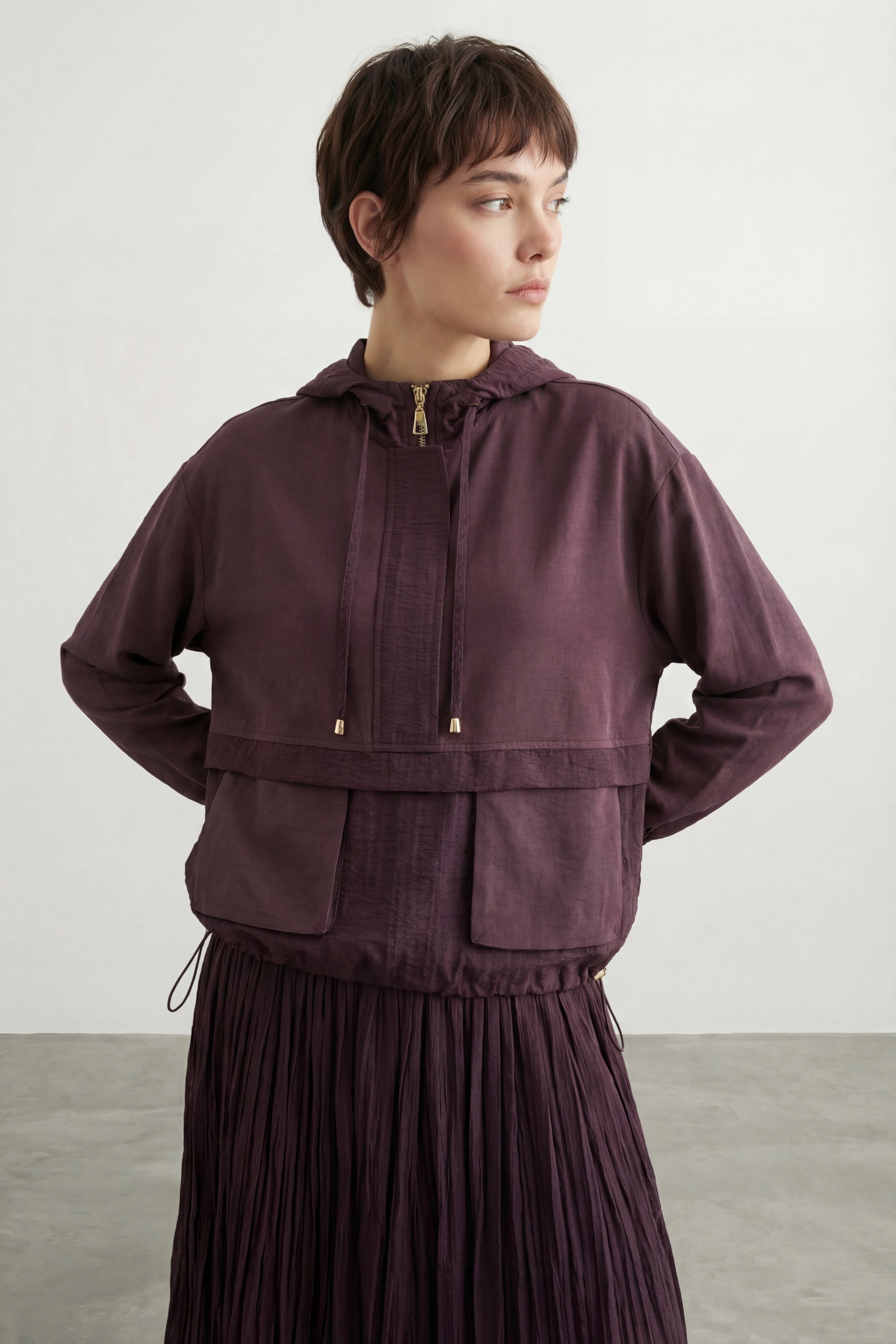 Torba Cepli Kapüşonlu Etekli Takım Mürdüm